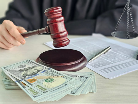 Courtroom scene with a judge's gavel beside cash and legal documents during a trial in a modern legal settingの写真素材