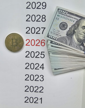 Cryptocurrency evolution with bitcoin and cash indicators for the years 2021 to 2029の写真素材