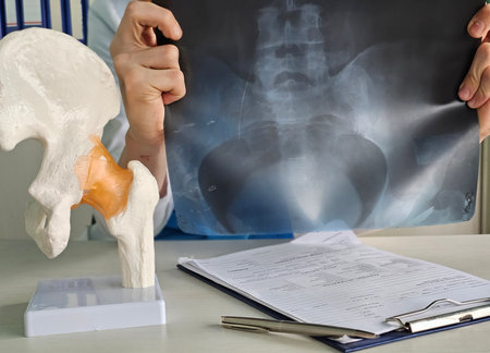 Doctor evaluates hip x-ray with anatomical model in medical consultation