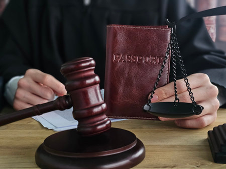 Judge with passport in hand knocking with gavel in courtroomの写真素材