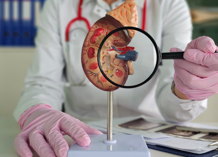 Medical professional examines kidney model with magnifying glass in a clinical setting during a training sessionの写真素材