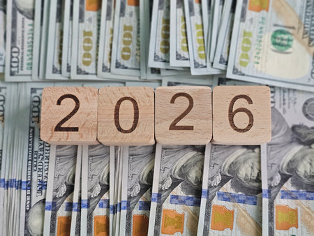 Financial planning and savings concept for the year 2026 with dollar billsの写真素材