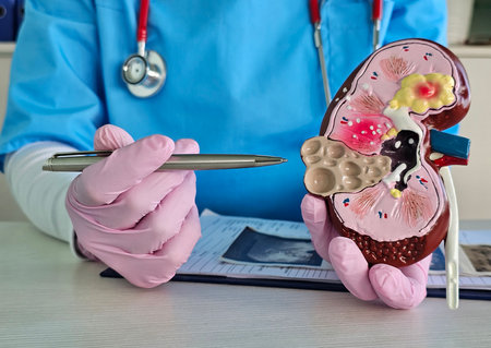 Medical professional explains kidney structure using an anatomical model in a clinical settingの写真素材
