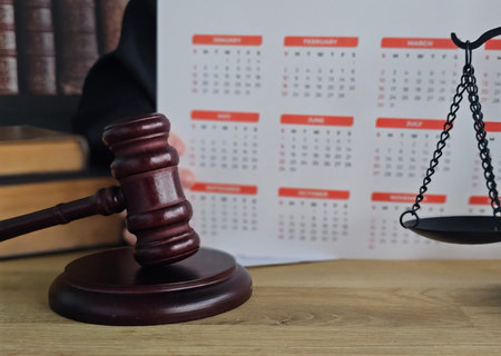 Judge gavel and balance scale on a desk beside a calendar indicating an important time in court proceedingsの写真素材