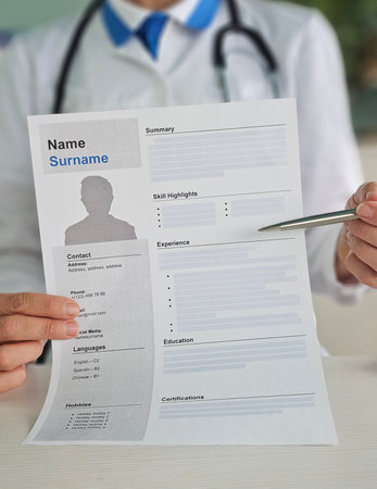 Medical professional reviewing a resume during a job interview at a healthcare facilityの写真素材