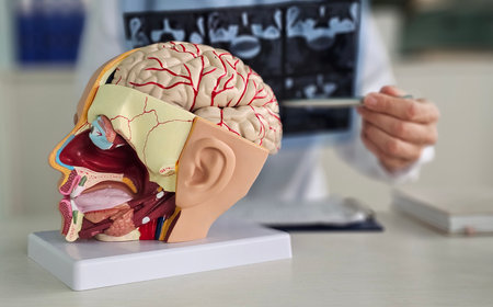 Detailed model of a human head used for medical studies MRI in a clinical setting, showing brain and anatomical featuresの写真素材