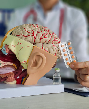 Medical professional holding a pack of pills near a brainの写真素材