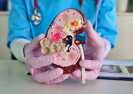 Health professional demonstrates kidney model to explain anatomy