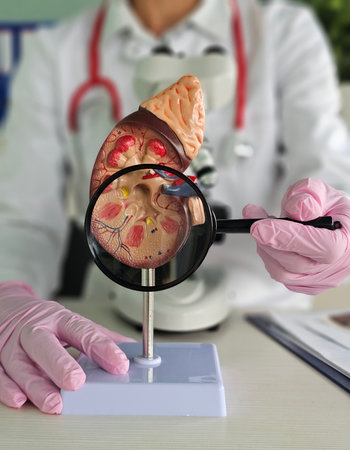 Doctor examines kidney model with magnifying glass in medical office settingの写真素材