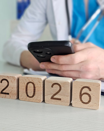 Health professional using smartphone with wooden blocks showing the year 2026 during a consultation