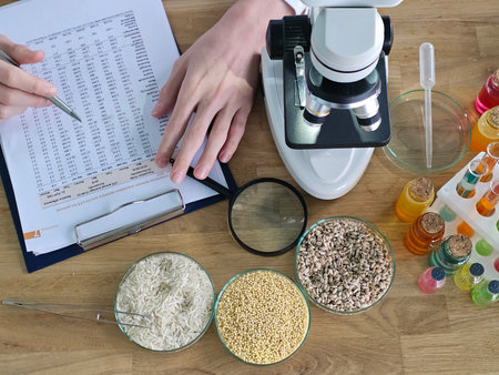 Scientist analyzing food samples using a microscope and taking notes in a laboratory settingの写真素材