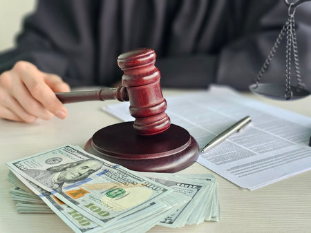 Courtroom scene with gavel, money, and legal documents representing justice and legal proceedingsの写真素材