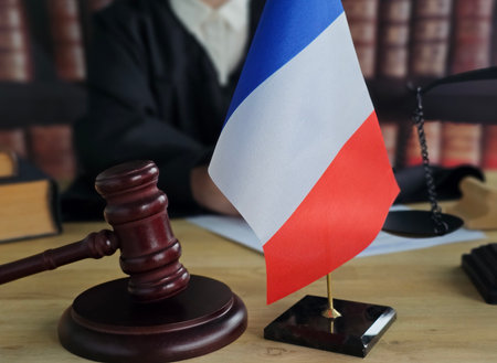 Courtroom setting with French flag and gavel, representing justice and law practice in Franceの写真素材