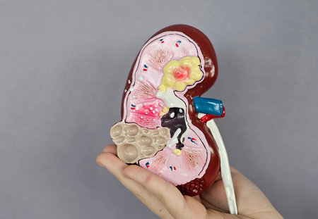 Detailed model of a human kidney held in hand for educational purposes