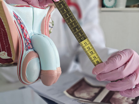 A doctor uses a measuring tape to indicate the length or the state of his health. Size norms and standards for menの写真素材