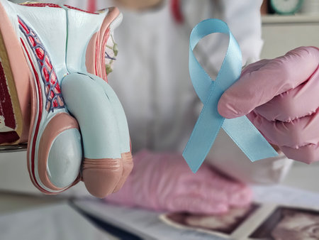Prostate cancer awareness. Blue ribbon in a doctor's hand. Man, male support, care, charity. Medical oncology concept with a close-up. Helpful for carcinomaの写真素材