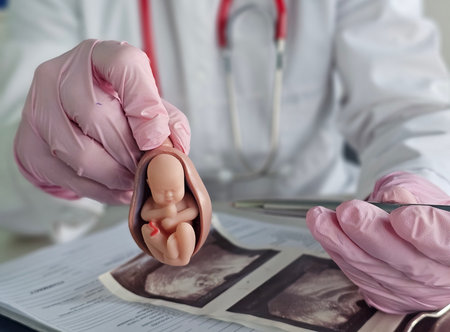 Medical professional demonstrates fetal model while reviewing ultrasound images in a clinical settingの写真素材