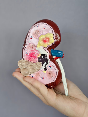 Detailed model of a human kidney held in a hand for educational purposes in a neutral settingの写真素材
