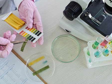 Scientist examining samples with a microscope and testing strips in a laboratory settingの写真素材