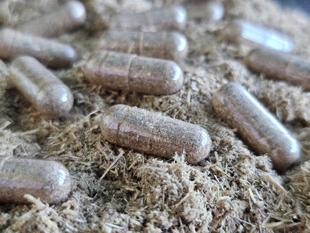 Herbal supplements scattered on a bed of natural plant