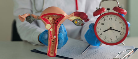 Model of the uterus and alarm clock in the hands of gynecologist. Time and menstrual cycleの写真素材