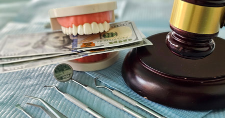 Concept of dental insurance is quality dental treatment. White tooth and judge gavelの写真素材