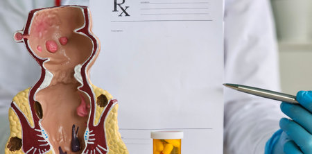 proctologist holds pills and artificial model of human rectum conceptの写真素材