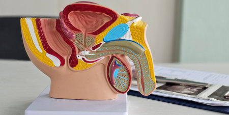 A detailed anatomical model highlights the human urinary system, featuring kidneys, ureters, bladder, and associated structuresの写真素材
