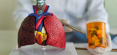Doctor model of human lungs with drugs. Importance of respiratory health and treatment with pills