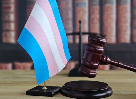 Gavel and transgender pride flag on a desk with law books and scales of justice in the background during legal proceedingsの写真素材