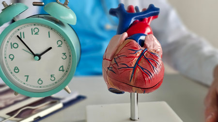 Heart model and clock on a table during a medical consultation about cardiovascular health