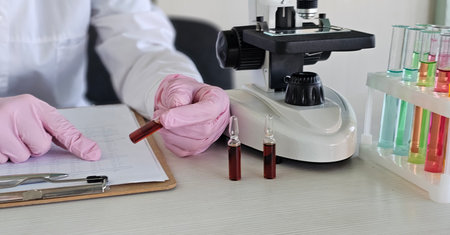 Test tubes filled with colorful liquids are arranged neatly on the table as data is recordedの写真素材