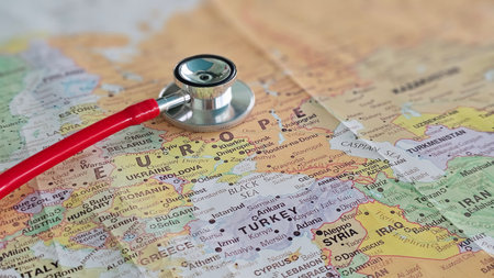 Europe map with stethoscope illustrating healthcare and medical services across the continentの写真素材