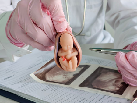 Medical professional demonstrating fetal model during prenatal consultation in a clinic settingの写真素材