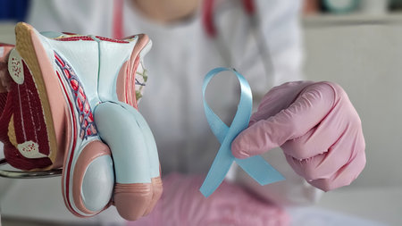 Medical professional demonstrates male reproductive system model while holding blue ribbon for awareness campaignの写真素材