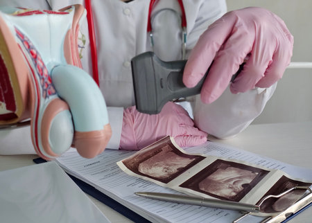 Medical professional uses ultrasound device with reproductive anatomy model and patient files during consultation in a clinicの写真素材