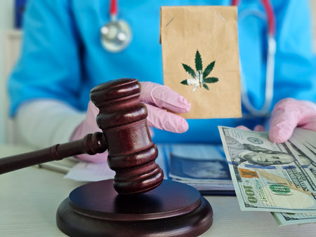 Gavel held by person in scrubs with money and cannabis package, highlighting legal aspects of cannabis tradeの写真素材