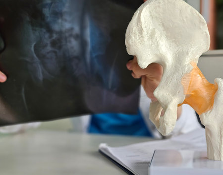 Examination of hip joint anatomy using a model and X-ray in a medical settingの写真素材