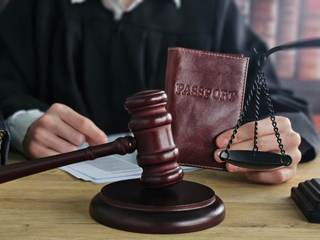 Courtroom scene featuring a judge with a gavel and a passport on the table highlighting legal responsibilities and immigration issuesの写真素材