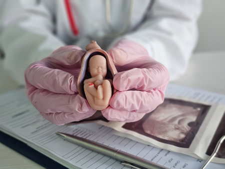 Medical professional holding a model of a fetus in a clinical setting during a prenatal examinationの写真素材