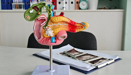 Treatment of gallbladder diseases and cholelithiasis. Doctor demonstrations gallbladder on anatomical medical model for analyzing and treating gallbladder disease conceptの写真素材