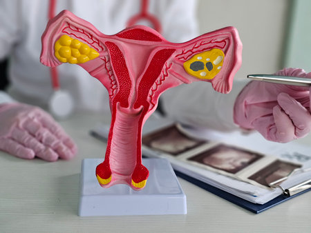 A medical professional demonstrates a 3D model of the female reproductive system