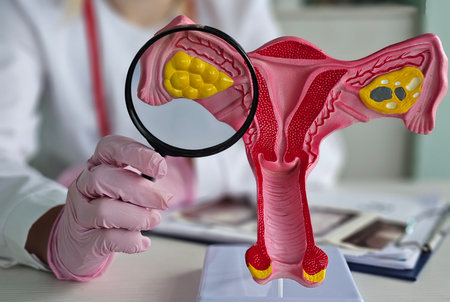 Model of the female reproductive system with focus on ovaries and examination tools in a medical settingの写真素材