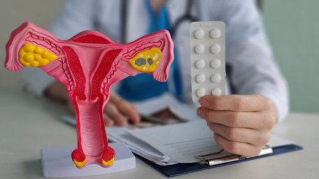 Doctor explaining reproductive health using a model and medication during a consultationの写真素材
