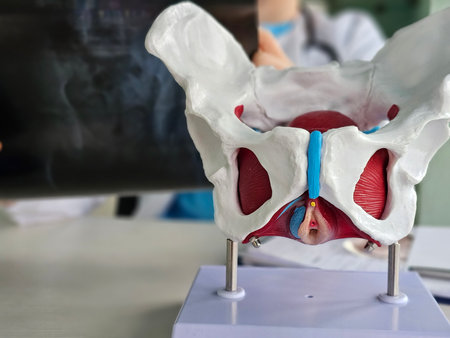 Detailed model of human pelvis displayed in a medical setting for educational purposeの写真素材