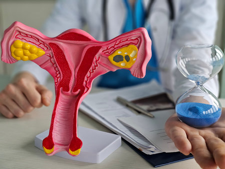 A doctor holds a model of the female reproductive system and an hourglass. Menopause in women, symptoms, age, and timeの写真素材