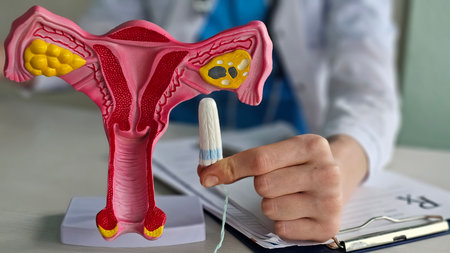 Medical demonstration of female reproductive anatomy with a model and tampon during a health education sessionの写真素材