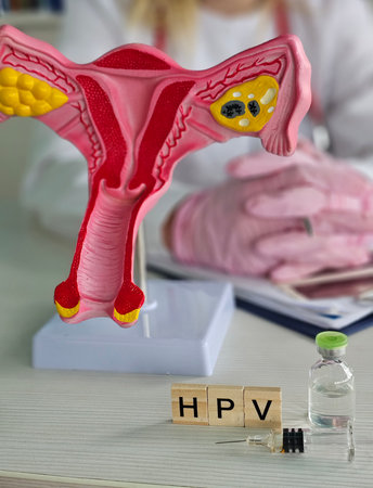Educational display of a female reproductive system model promoting understanding of HPV and its prevention methodsの写真素材