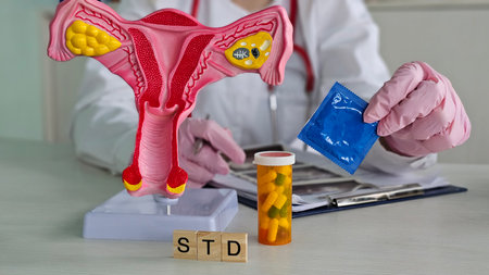Reducing STD on wooden blocks, condoms, and the uterus. Awareness of sexually transmitted diseasesの写真素材