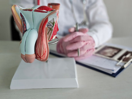 Prostate disease and treatment. Male reproductive system anatomical model in doctors hands close-up during consultation of male patient with suspected bacterial prostatitisの写真素材